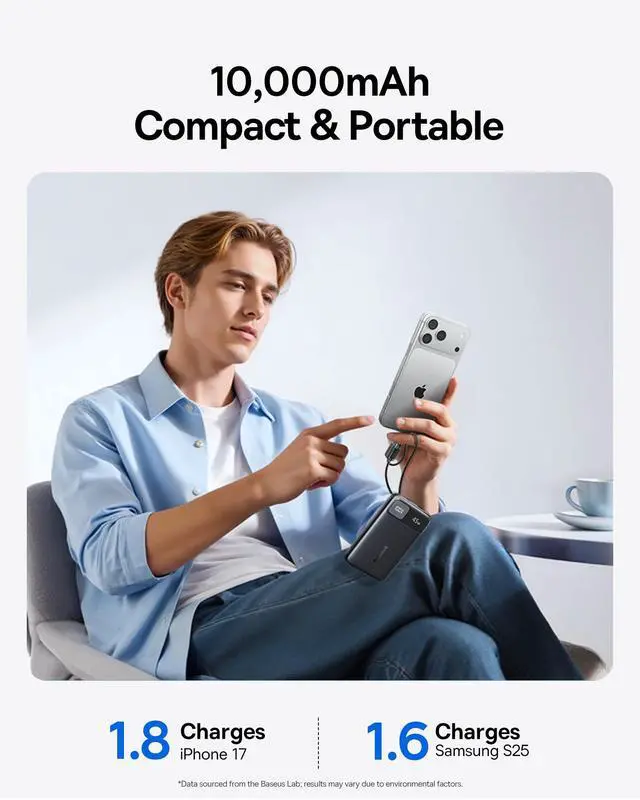 Alt view image 6 of 7 - 45W Ultra Slim 10000mAh Power Bank Built-in USB-C Cables, CCC Certified Portable Charger, Travel Essential Fast Charging Pocket Size Phone Battery Pack for iPhone 17 16 Samsung S25 S24 iPad