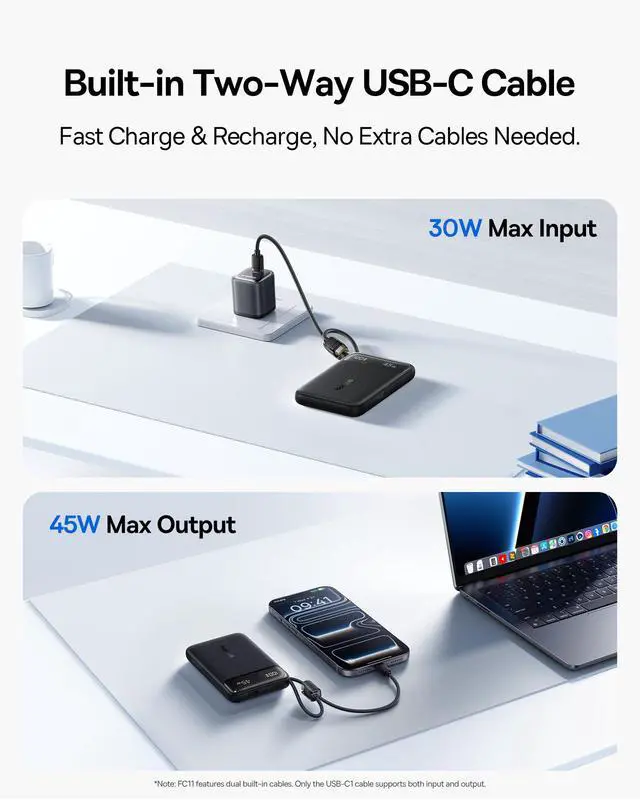 Alt view image 7 of 7 - 45W Ultra Slim 10000mAh Power Bank Built-in USB-C Cables, CCC Certified Portable Charger, Travel Essential Fast Charging Pocket Size Phone Battery Pack for iPhone 17 16 Samsung S25 S24 iPad