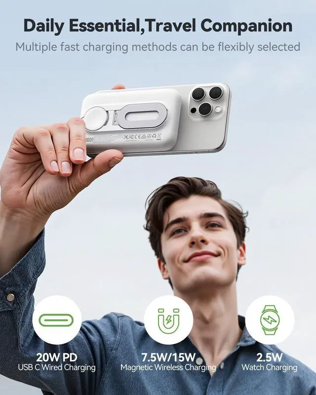 Alt view image 3 of 7 - Magnetic Portable Charger for iPhone and Apple Watch, 10000mAh Wireless Power Bank PD 20W USB-C Fast Charging Battery Pack with Stand for iPhone Air 17/16/15/14/13/12 Pro MaxiWatch 11-1/SE/Ultra 3-1