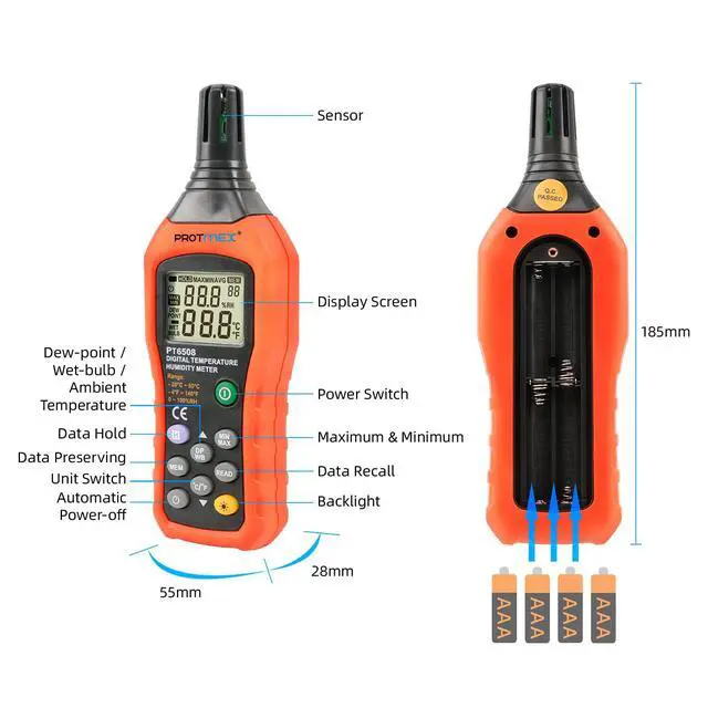 Alt view image 2 of 6 - PT6508 Temperature Humidity Meter, Digital Thermometer Hygrometer Monitor with Ambient, Dew Point, Wet Bulb for Indoor/Outdoor MIN, MAX, Data Hold, LCD Backlight