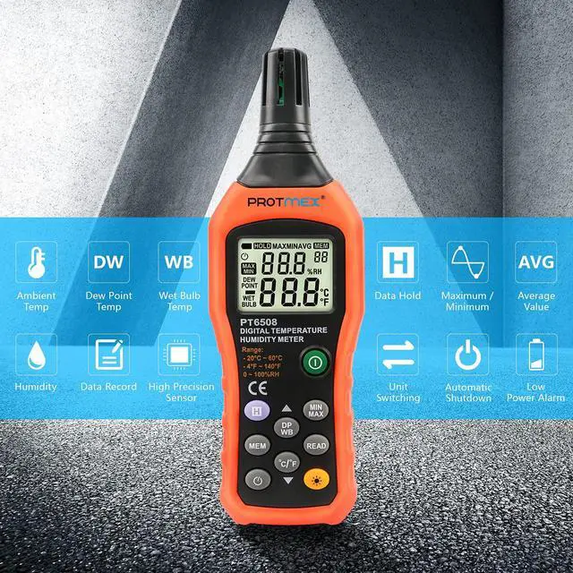 Alt view image 5 of 6 - PT6508 Temperature Humidity Meter, Digital Thermometer Hygrometer Monitor with Ambient, Dew Point, Wet Bulb for Indoor/Outdoor MIN, MAX, Data Hold, LCD Backlight