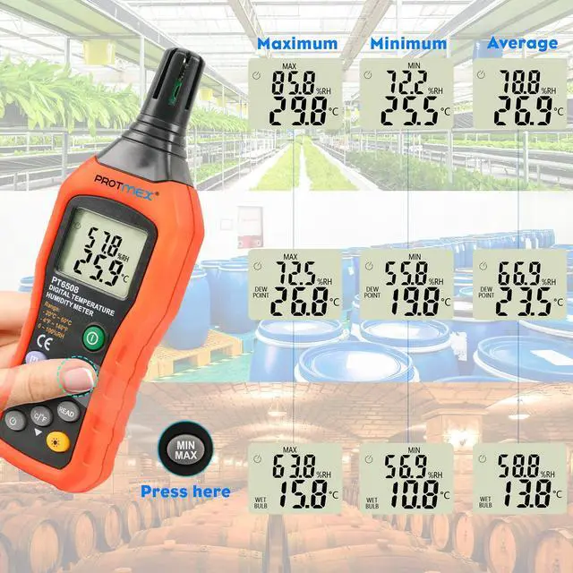 Alt view image 4 of 6 - PT6508 Temperature Humidity Meter, Digital Thermometer Hygrometer Monitor with Ambient, Dew Point, Wet Bulb for Indoor/Outdoor MIN, MAX, Data Hold, LCD Backlight