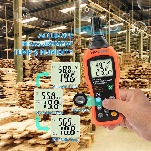 Alt view image 6 of 6 - PT6508 Temperature Humidity Meter, Digital Thermometer Hygrometer Monitor with Ambient, Dew Point, Wet Bulb for Indoor/Outdoor MIN, MAX, Data Hold, LCD Backlight