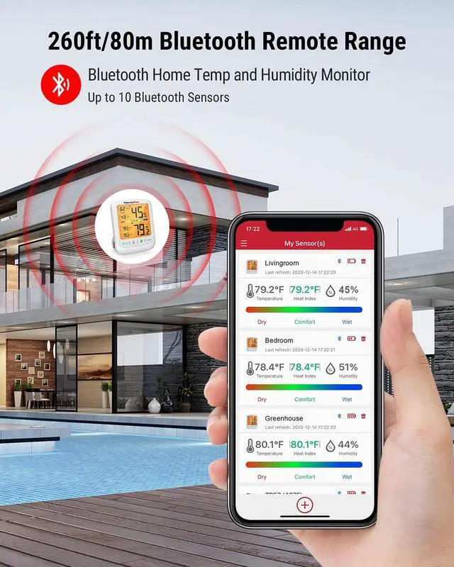 Alt view image 2 of 7 - TP359 Bluetooth Hygrometer Thermometer, 260FT Wireless Remote Temperature and Humidity Monitor, with Large Backlit LCD, Indoor Room Thermometer and Humidity Gauge, Max Min Records