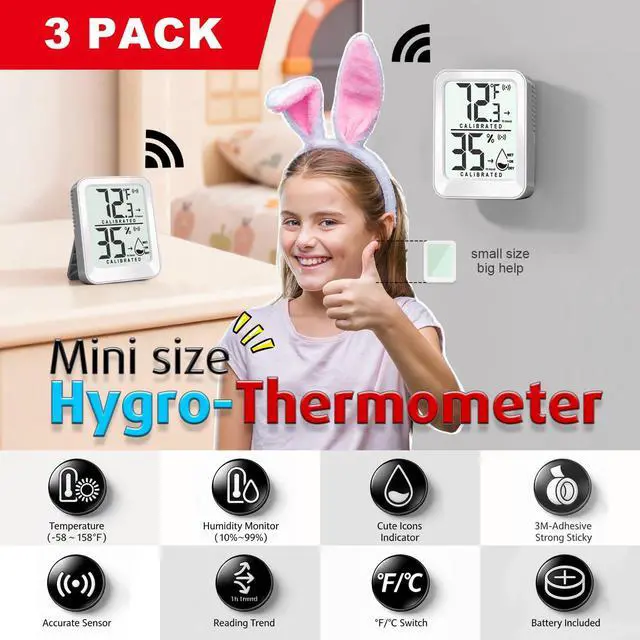 Alt view image 2 of 7 - 3 Pack Room Thermometer Indoor Hygrometer for Home, Digital Sensor Mini Humidity Gauge Meter, Temperature Humidity Monitor for Bedroom, Pet, Plant - Battery Included