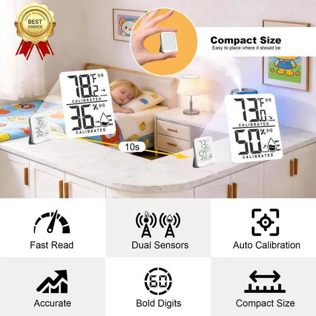 Alt view image 3 of 7 - 3 Pack Room Thermometer Indoor Hygrometer for Home, Digital Sensor Mini Humidity Gauge Meter, Temperature Humidity Monitor for Bedroom, Pet, Plant - Battery Included