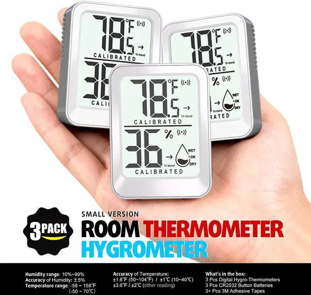 Alt view image 7 of 7 - 3 Pack Room Thermometer Indoor Hygrometer for Home, Digital Sensor Mini Humidity Gauge Meter, Temperature Humidity Monitor for Bedroom, Pet, Plant - Battery Included