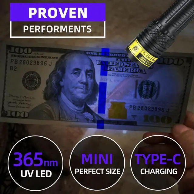 Alt view image 2 of 7 - 365nm UV Flashlight Black Light, Mini but Powerful Blacklight USB- C Rechargeable, Focusable Woods Lamp Water Resistant, Detector for Pet Urine, AC Leak Detection, Curing Resin