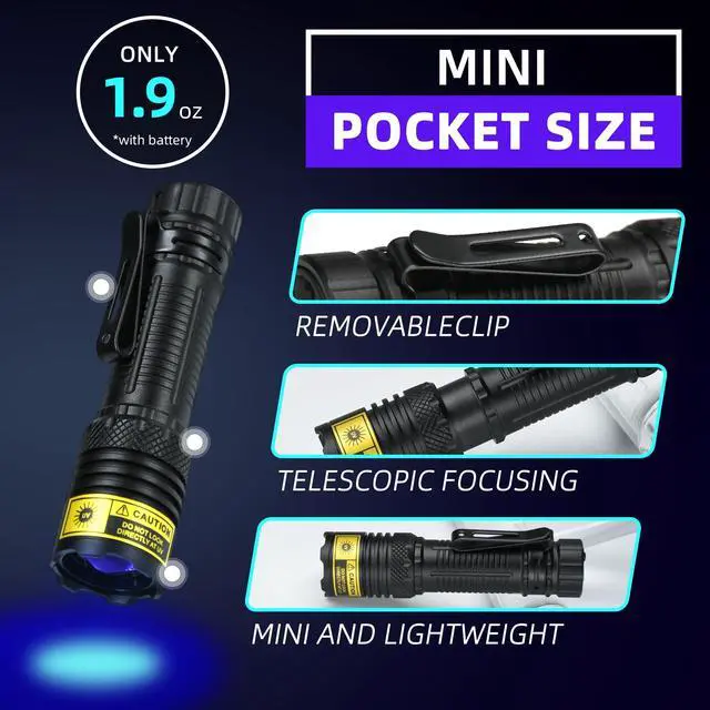 Alt view image 3 of 7 - 365nm UV Flashlight Black Light, Mini but Powerful Blacklight USB- C Rechargeable, Focusable Woods Lamp Water Resistant, Detector for Pet Urine, AC Leak Detection, Curing Resin