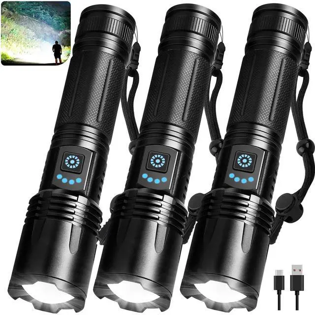 Main image of 3 Pack Rechargeable Flashlights High Lumens, 99,000 Lumens Super Bright LED Flashlight for Home Camping, Handheld Flash Light Waterproof Flashlight with 5 Modes & Adjustable Function