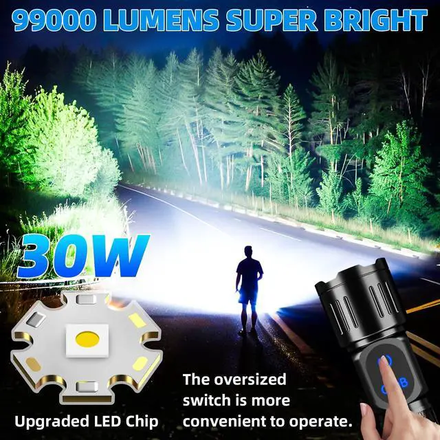 Alt view image 2 of 7 - Dszuu Rechargeable LED Flashlight, Super Bright 99000 High Lumens Flash Light, 9 Modes Zoomable Flashlight with LCD Display, Waterproof Tactical Flashlights for Camping, Home Emergency