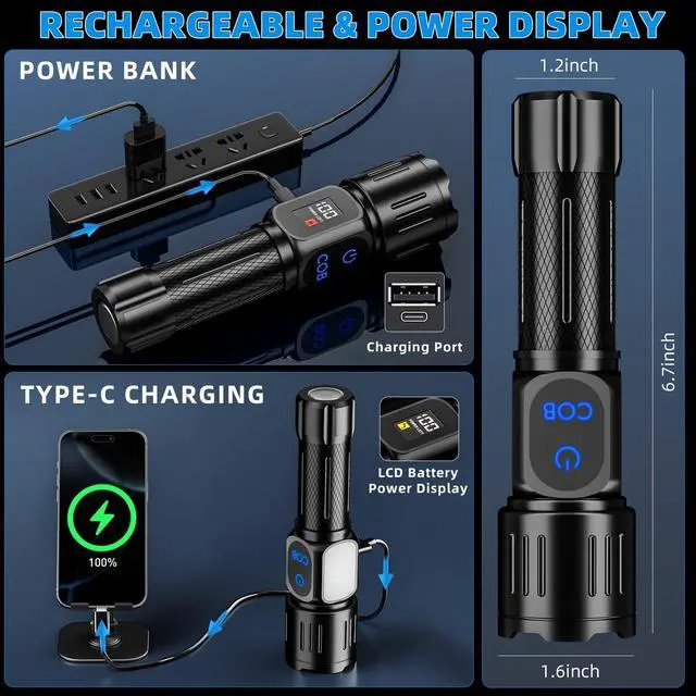 Alt view image 4 of 7 - Dszuu Rechargeable LED Flashlight, Super Bright 99000 High Lumens Flash Light, 9 Modes Zoomable Flashlight with LCD Display, Waterproof Tactical Flashlights for Camping, Home Emergency