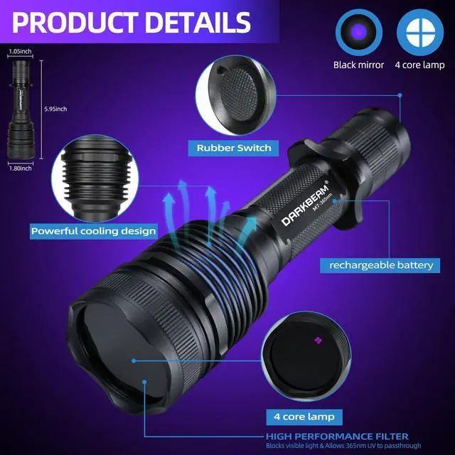 Alt view image 5 of 7 - UV Flashlight 365nm Black Light - Woods Lamp 20W High Power Rechargeable Ultraviolet Light with Filter - Detector for Pet Urine & Leak, Resin Curing, Blood Tracking, Searching Rocks/Scorpion