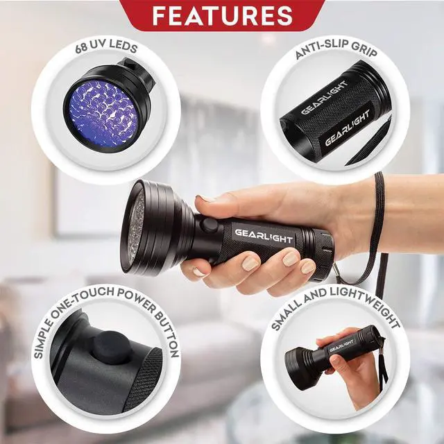 Alt view image 3 of 7 - UV Flashlight Black Light from 68 LED Blacklight Flashlight Dog/Cat Pet Urine Detector, Scorpion, Bed Bug, Resin Curing, Dog Stain, and Carpet Odor Eliminator Remover, ID Checking_XR68