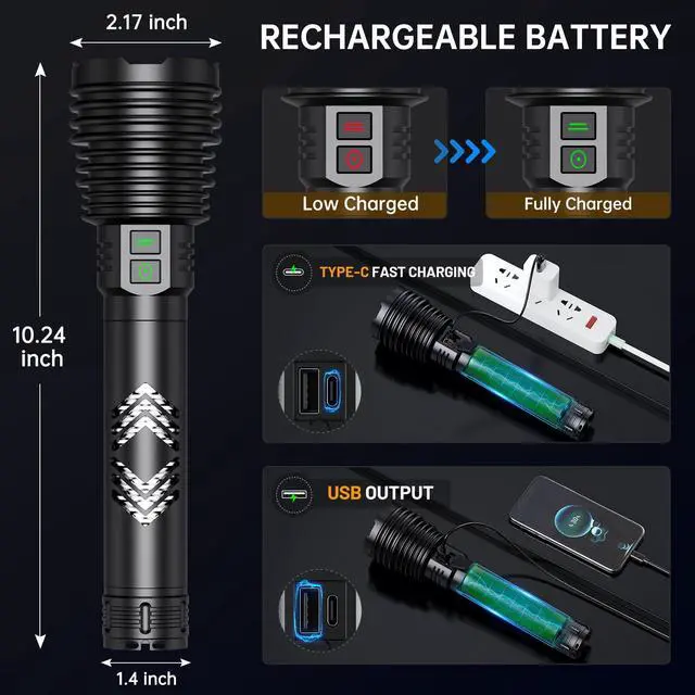 Alt view image 3 of 6 - Rechargeable Flashlights 600,000 High Lumens, Super Bright LED Flashlight with Long Handle, Large Capacity Battery, Zoomable & 6 Modes, Waterproof Handheld Flashlight for Camping Emergencies Home