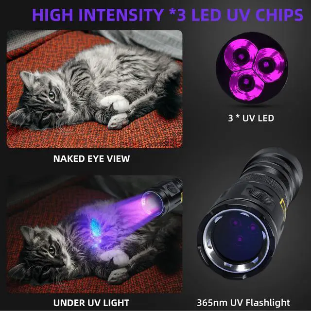Alt view image 4 of 7 - UV 365nm Light Blacklight High Power, 20W Ultraviolet Flashlight USB-C Rechargeable with Black Mirror, 3 LEDs Mini Woods Lamp for Dog/Cat Urine Detector, Anti-counterfeiting Identification
