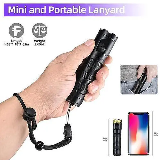Alt view image 7 of 7 - UV 365nm Light Blacklight High Power, 20W Ultraviolet Flashlight USB-C Rechargeable with Black Mirror, 3 LEDs Mini Woods Lamp for Dog/Cat Urine Detector, Anti-counterfeiting Identification