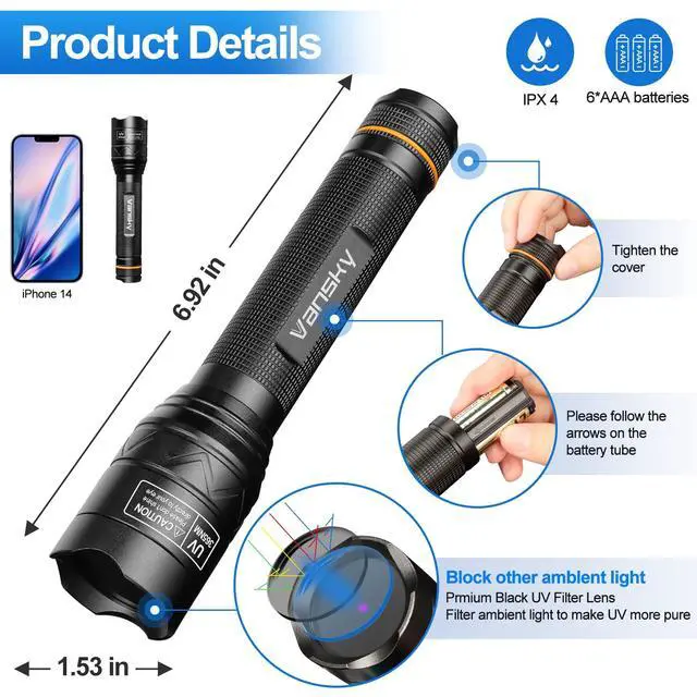 Alt view image 7 of 7 - X7 Pro 365nm UV Light Blacklight Flashlights: LED Black Light Flashlite Professional Ultraviolet Flashlight Pet Urine Detector for Dog Cat, Resin Curing and Rock Hunting(Batteries are Included)