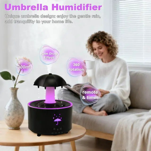 Alt view image 2 of 7 - Rain Humidifier Oil Diffuser, Raindrop Essential Oil Aromatherapy Diffuser for Bedroom, 360° Rotating Raindrop & 7 LED Mood Lights, Auto Shut-Off, Quiet Cool Mist Humidifier for up to 24 Hrs