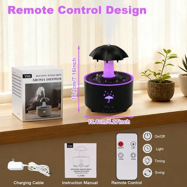 Alt view image 7 of 7 - Rain Humidifier Oil Diffuser, Raindrop Essential Oil Aromatherapy Diffuser for Bedroom, 360° Rotating Raindrop & 7 LED Mood Lights, Auto Shut-Off, Quiet Cool Mist Humidifier for up to 24 Hrs