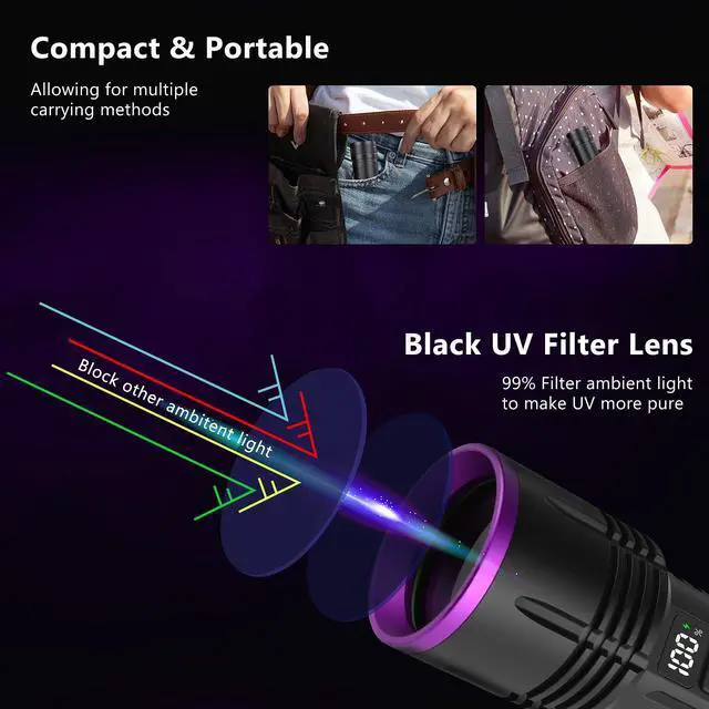 Alt view image 2 of 7 - 365nm UV Flashlight Rechargeable Black Light Flashlight Powerful, LCD Display Handheld UV Light for Pet Urine Detection,Resin Curing,Travel,Yooperlite,Scorpion,Blood Tracking,Rocks,Minerals,AC Leak