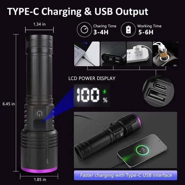 Alt view image 4 of 7 - 365nm UV Flashlight Rechargeable Black Light Flashlight Powerful, LCD Display Handheld UV Light for Pet Urine Detection,Resin Curing,Travel,Yooperlite,Scorpion,Blood Tracking,Rocks,Minerals,AC Leak