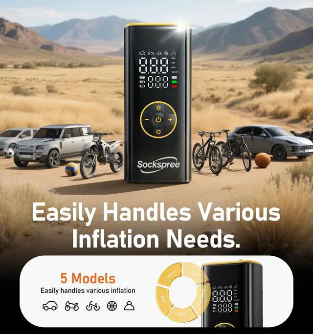 Alt view image 2 of 7 - Sockspree Tire Inflator Portable Air Compressor, Cordless Tire Inflator for Car Tires with Digital Pressure Gauge and Auto Shutoff, Dual Power Air Pump with Battery and 12V Car Adapter