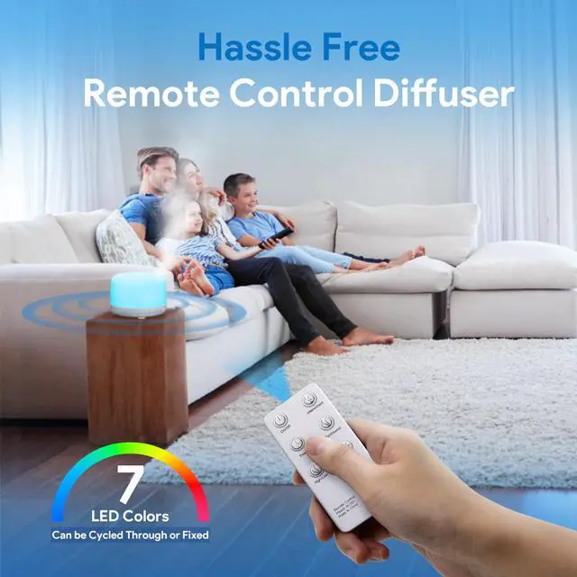 Alt view image 5 of 7 - Essential Oil Diffuser for Home, 500ML Aromatherapy Diffuser Humidifier with Remote Control, 7 Color LED Lights, Quiet Cool Mist Diffuser for Bedroom, Living Room, Office (White)
