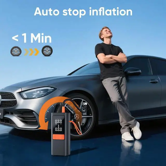 Alt view image 3 of 5 - Tire Inflator Portable Air Compressor, 150PSI Cordless & 12V DC Dual Power Tire Pump for Car Tires,Bike,Motorcycle, 6000mAh Battery, Digital Pressure Gauge, Auto Shut-Off & Emergency LED Light
