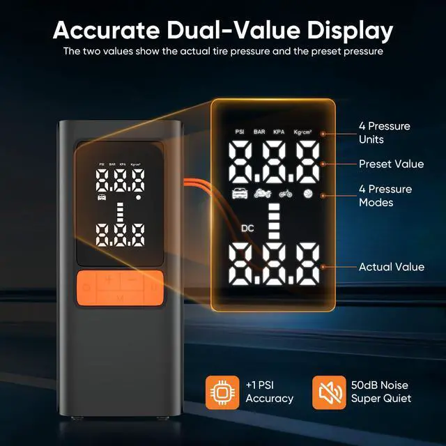 Alt view image 4 of 5 - Tire Inflator Portable Air Compressor, 150PSI Cordless & 12V DC Dual Power Tire Pump for Car Tires,Bike,Motorcycle, 6000mAh Battery, Digital Pressure Gauge, Auto Shut-Off & Emergency LED Light