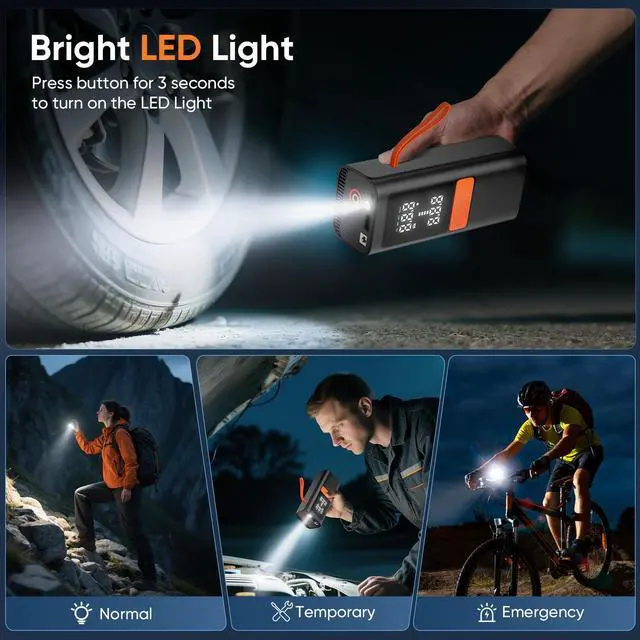 Alt view image 5 of 5 - Tire Inflator Portable Air Compressor, 150PSI Cordless & 12V DC Dual Power Tire Pump for Car Tires,Bike,Motorcycle, 6000mAh Battery, Digital Pressure Gauge, Auto Shut-Off & Emergency LED Light