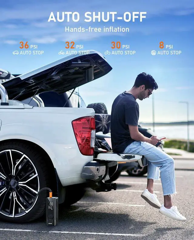 Alt view image 5 of 7 - Tire Inflator Portable Air Compressor, Battery & 12V DC Dual Power Air Pump for Car Tires, 150PSI Cordless Bike Tire Pump with Digital Pressure Gauge, LED Light, for Motorcycle, Ball