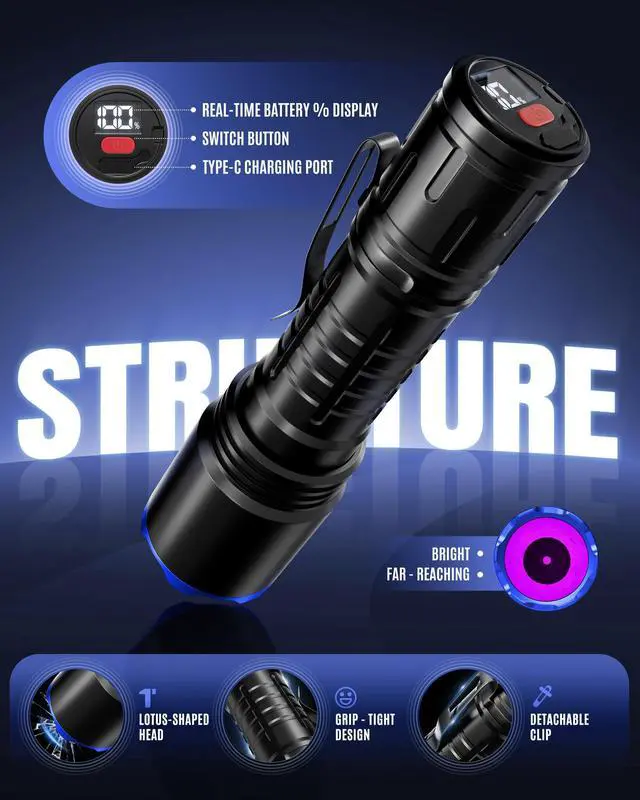 Alt view image 6 of 7 - 365nm UV Flashlight with LCD Display Powerful Black Light Flashlight Ideal for Pet Urine Detection, Resin Curing, Bloodstain Tracking, Rock and Scorpion Detection