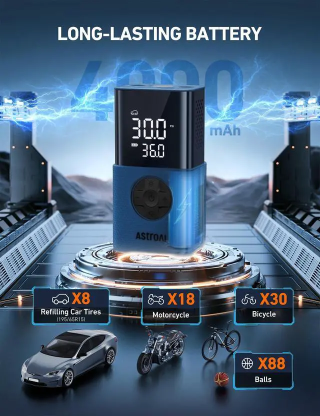 Alt view image 3 of 7 - Tire Inflator L7S Portable Air Compressor Cordless Bike Pump with Digital Dual Values Display, 150 PSI Car Tires Pump with LED Lights Air Pump for Cars, Motorcycles, Bikes, Balls Blue