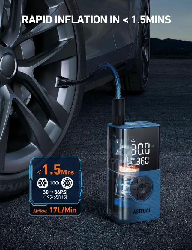 Alt view image 4 of 7 - Tire Inflator L7S Portable Air Compressor Cordless Bike Pump with Digital Dual Values Display, 150 PSI Car Tires Pump with LED Lights Air Pump for Cars, Motorcycles, Bikes, Balls Blue