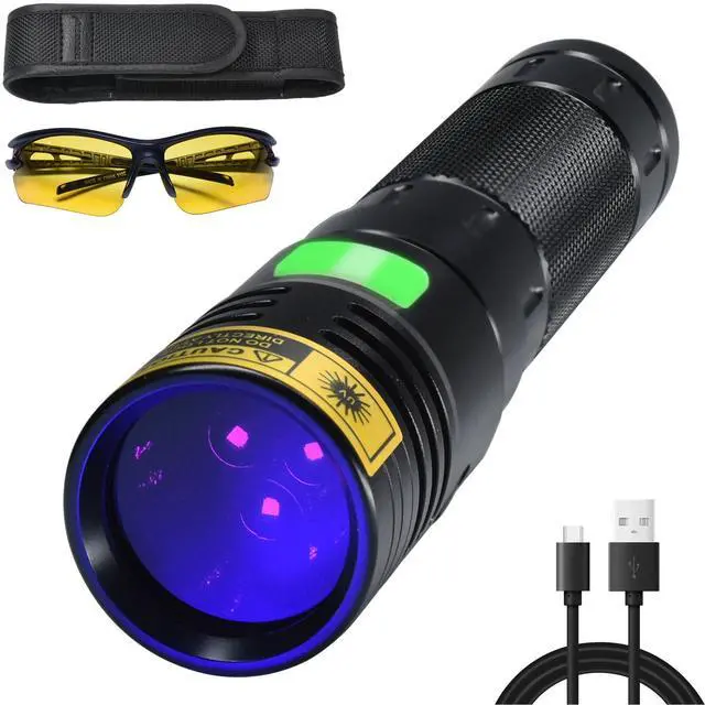 Main image of Flashlight UV 365nm Black Light High Power 3 LEDs USB -C Rechargeable, 20W Mini Woods Lamp Ultraviolet with Filter - Detector for Pet Urine, Uranium Glass - Leak Detection - Resin Curing