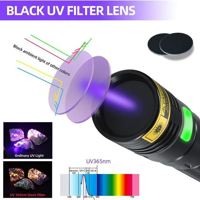Alt view image 2 of 7 - Flashlight UV 365nm Black Light High Power 3 LEDs USB -C Rechargeable, 20W Mini Woods Lamp Ultraviolet with Filter - Detector for Pet Urine, Uranium Glass - Leak Detection - Resin Curing