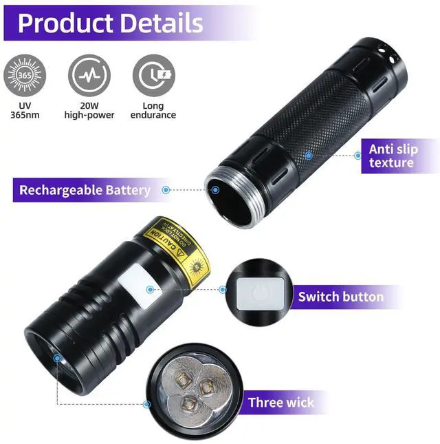 Alt view image 3 of 7 - Flashlight UV 365nm Black Light High Power 3 LEDs USB -C Rechargeable, 20W Mini Woods Lamp Ultraviolet with Filter - Detector for Pet Urine, Uranium Glass - Leak Detection - Resin Curing