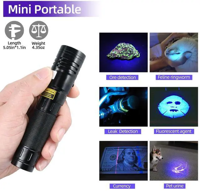 Alt view image 7 of 7 - Flashlight UV 365nm Black Light High Power 3 LEDs USB -C Rechargeable, 20W Mini Woods Lamp Ultraviolet with Filter - Detector for Pet Urine, Uranium Glass - Leak Detection - Resin Curing