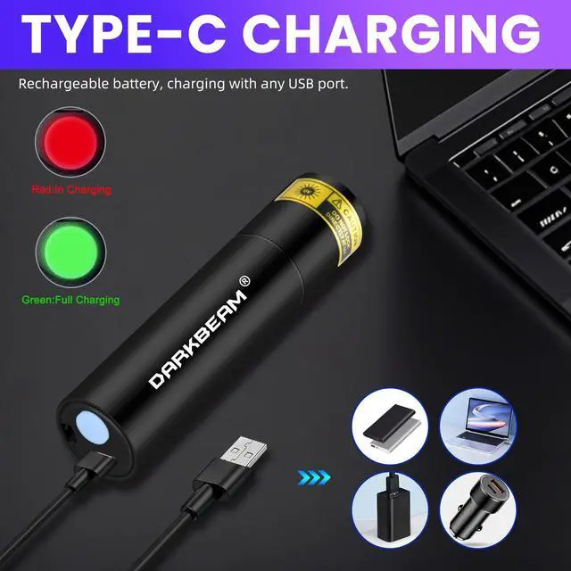 Alt view image 5 of 7 - UV Flashlight 365nm Mini Black Light - Rechargeable USB Strong Ultraviolet LED Flashlights, Portable Woods lamp, Detector for Pet Urine/Stains, Flurescent, Blood Tracking Flashlight