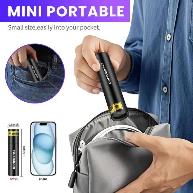 Alt view image 6 of 7 - UV Flashlight 365nm Mini Black Light - Rechargeable USB Strong Ultraviolet LED Flashlights, Portable Woods lamp, Detector for Pet Urine/Stains, Flurescent, Blood Tracking Flashlight