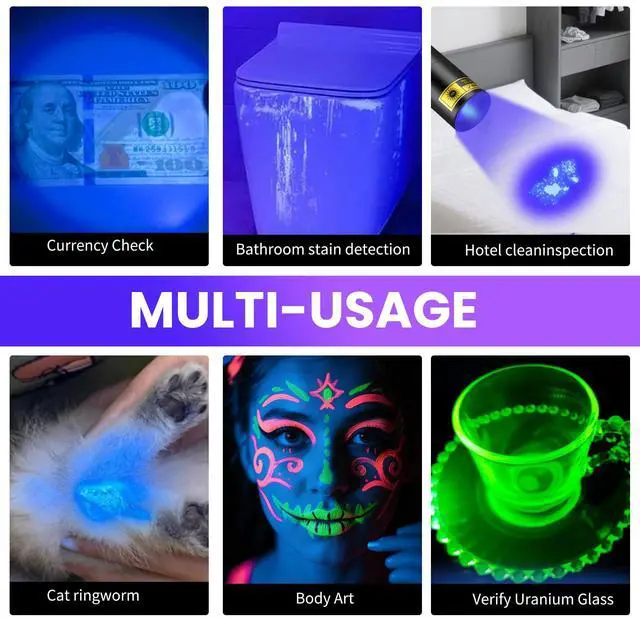 Alt view image 7 of 7 - UV Flashlight 365nm Mini Black Light - Rechargeable USB Strong Ultraviolet LED Flashlights, Portable Woods lamp, Detector for Pet Urine/Stains, Flurescent, Blood Tracking Flashlight