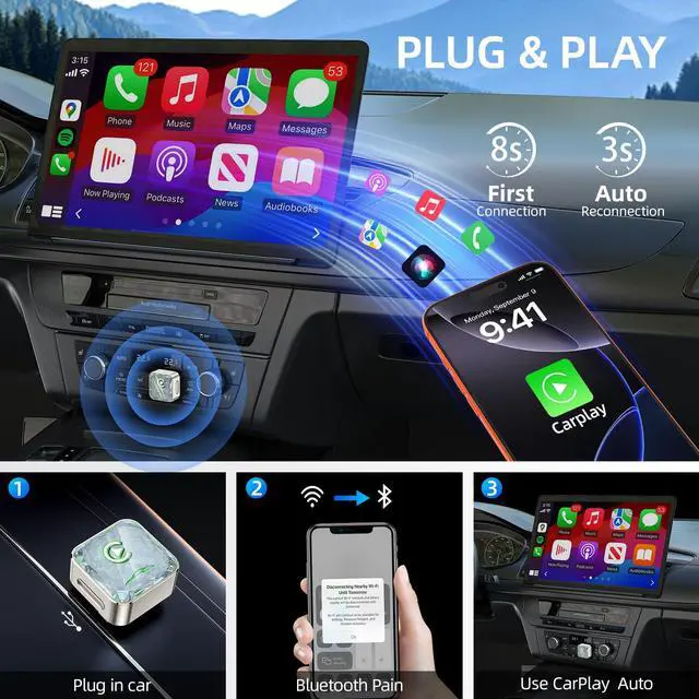 Alt view image 2 of 7 - Apple CarPlay Adapter, 5.8G Quad-Core Chip No Latency, Aerospace Silicone Cooling, Zn-Alloy & Diamond Panel, Plug & Play Wired to Wireless CarPlay Adapter