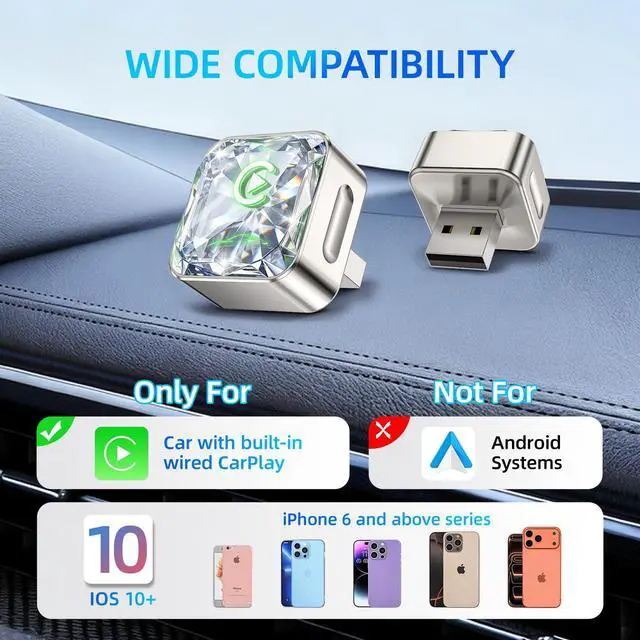 Alt view image 7 of 7 - Apple CarPlay Adapter, 5.8G Quad-Core Chip No Latency, Aerospace Silicone Cooling, Zn-Alloy & Diamond Panel, Plug & Play Wired to Wireless CarPlay Adapter