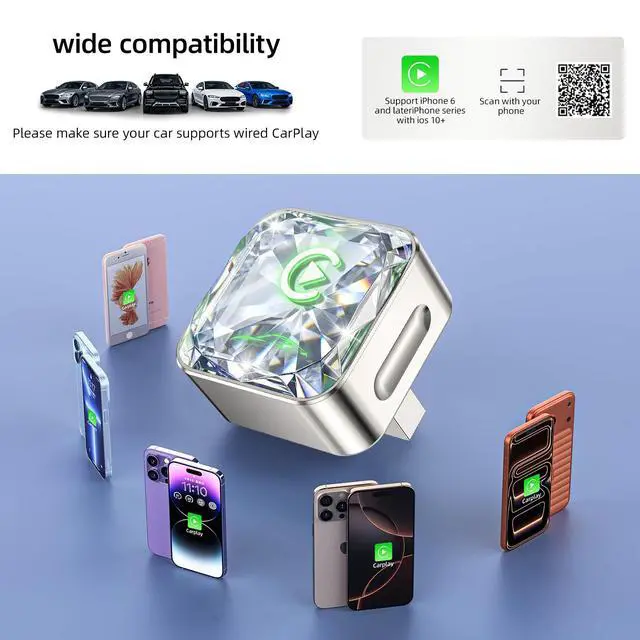 Alt view image 6 of 7 - Apple CarPlay Adapter, 5.8G Quad-Core Chip No Latency, Aerospace Silicone Cooling, Zn-Alloy & Diamond Panel, Plug & Play Wired to Wireless CarPlay Adapter