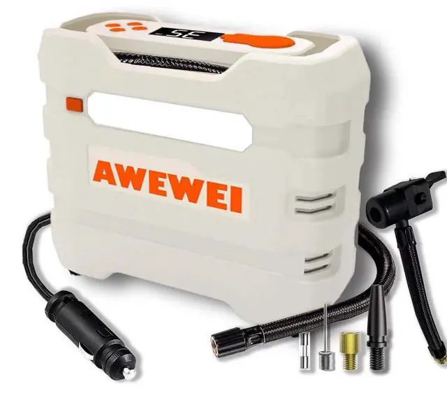 Main image of AWEWEI Tire Inflator Portable Air Compressor - 150PSI Air Pump for Car Tires, DC 12V Fast Inflation Auto Pump with Digital Tire Pressure Guage & Emergency LED Light for Car, Bike, Ball, R7 Silver