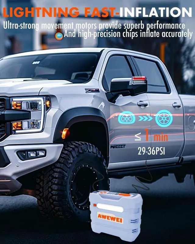 Alt view image 2 of 7 - AWEWEI Tire Inflator Portable Air Compressor - 150PSI Air Pump for Car Tires, DC 12V Fast Inflation Auto Pump with Digital Tire Pressure Guage & Emergency LED Light for Car, Bike, Ball, R7 Silver