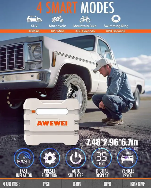 Alt view image 3 of 7 - AWEWEI Tire Inflator Portable Air Compressor - 150PSI Air Pump for Car Tires, DC 12V Fast Inflation Auto Pump with Digital Tire Pressure Guage & Emergency LED Light for Car, Bike, Ball, R7 Silver