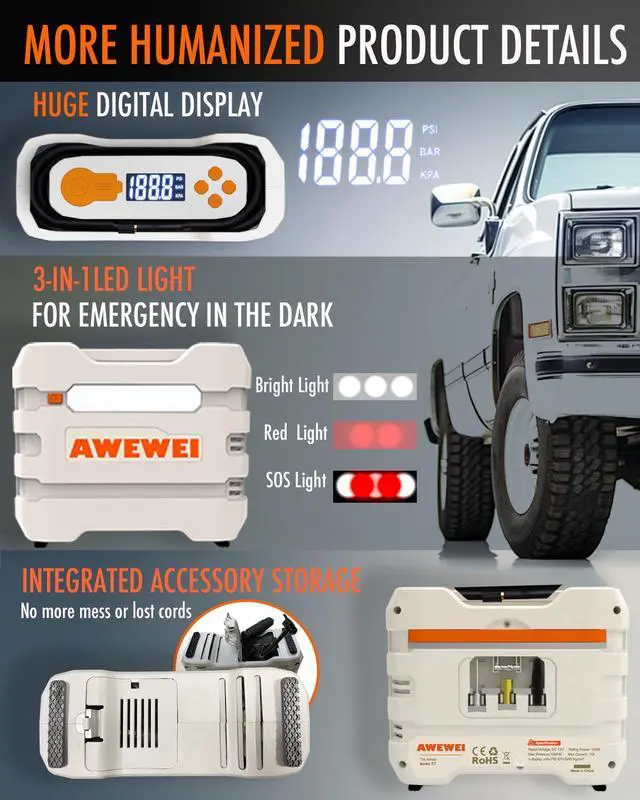 Alt view image 5 of 7 - AWEWEI Tire Inflator Portable Air Compressor - 150PSI Air Pump for Car Tires, DC 12V Fast Inflation Auto Pump with Digital Tire Pressure Guage & Emergency LED Light for Car, Bike, Ball, R7 Silver