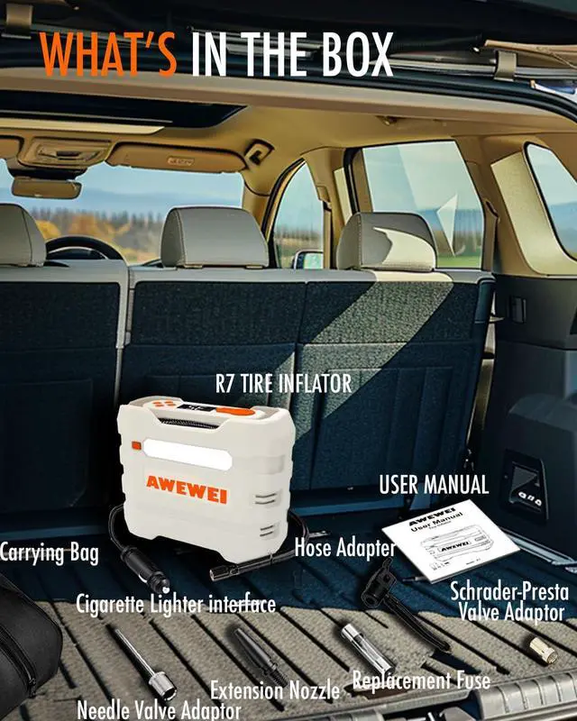 Alt view image 6 of 7 - AWEWEI Tire Inflator Portable Air Compressor - 150PSI Air Pump for Car Tires, DC 12V Fast Inflation Auto Pump with Digital Tire Pressure Guage & Emergency LED Light for Car, Bike, Ball, R7 Silver